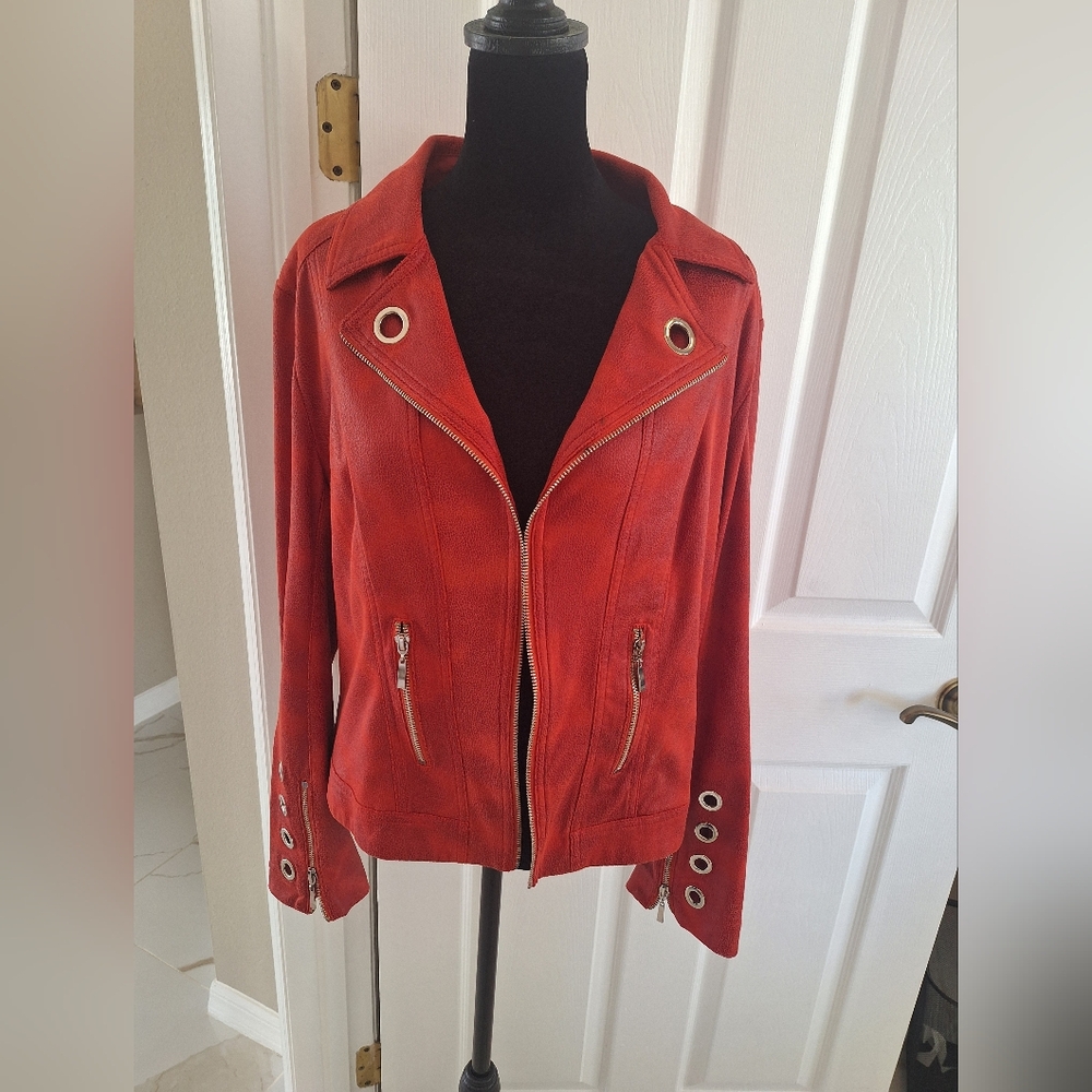 Insight Red Leather Jacket with Zipper and Eyelet Details